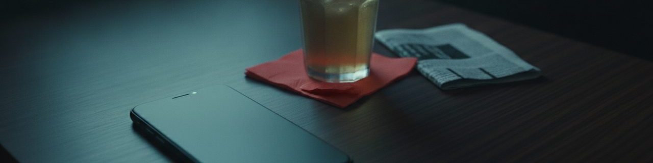 Téléphone éteint posé sur une table sombre, à côté d'une tasse froide