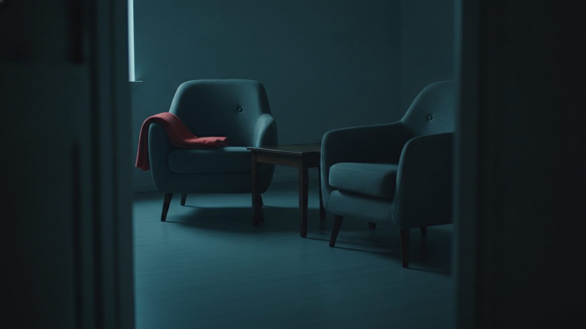 Deux fauteuils vides se faisant face dans une pièce sombre