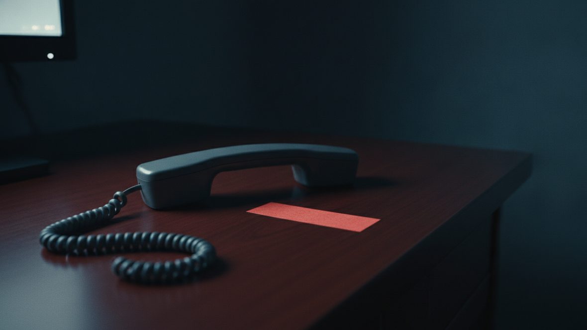 Combiné de téléphone décroché posé sur un bureau sombre