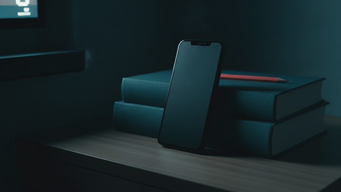 Écran de téléphone éteint appuyé contre une pile de livres fermés