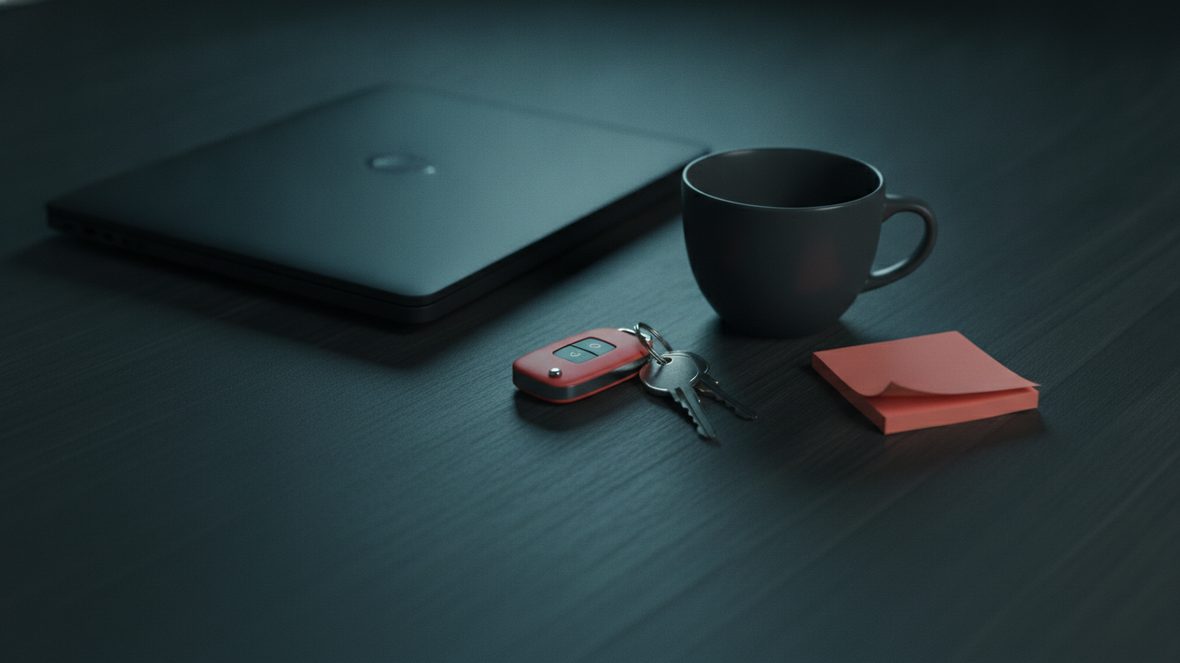 Ordinateur portable fermé, trousseau de clés et tasse vide sur un bureau sombre